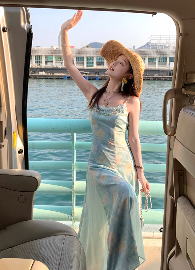 Long gradient print waist suspender dress summer French slim skirt R4946