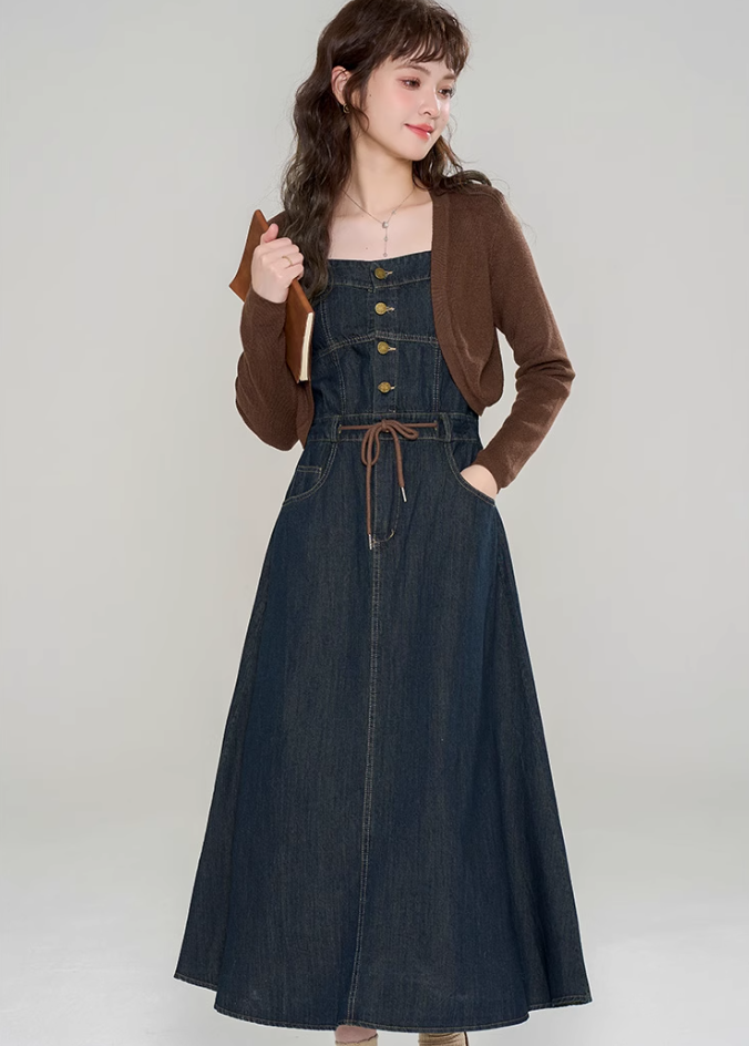 Knitted cardigan with denim suspender dress new high-end suit skirt two-piece set R2400