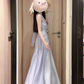 Holiday style blue v-neck halter dress unique and beautiful waist temperament long dress 2025 new R0454