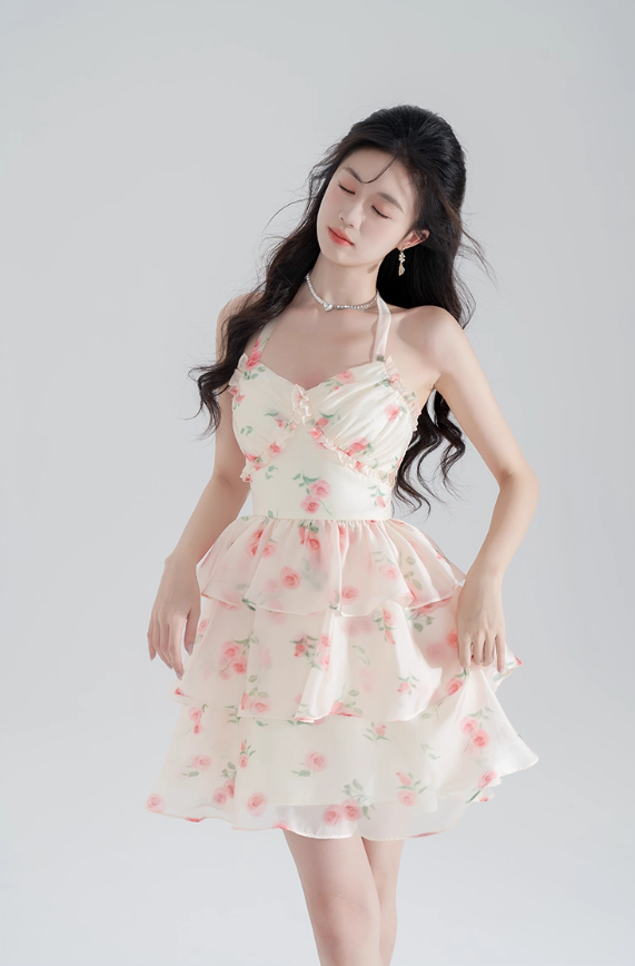 Super fairy new halter neck printed chiffon dress pure summer girl cake skirt fairy skirt female R4112