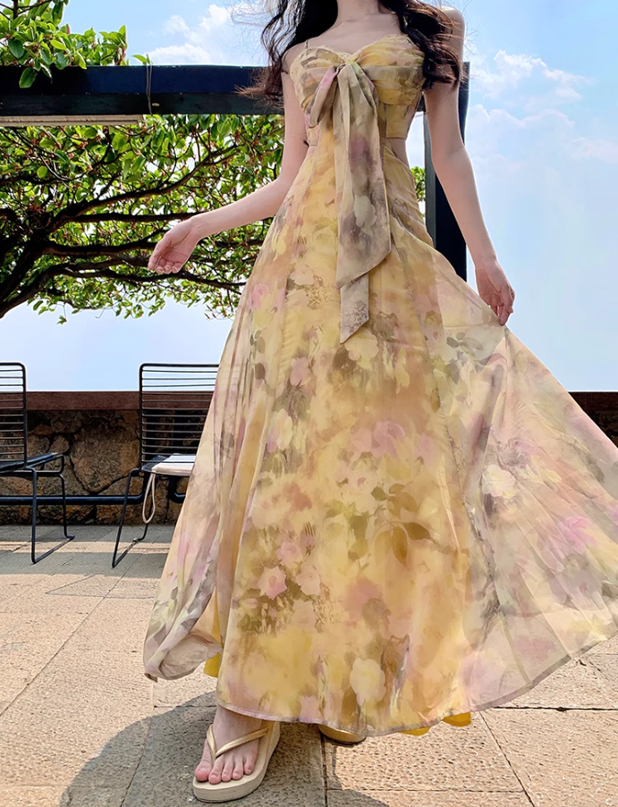 Gentle style floral suspender dress with backless and beautiful long dress R0561