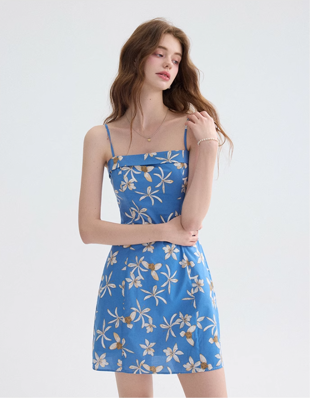 French floral suspender skirt blue dress short skirt summer skirt R2697