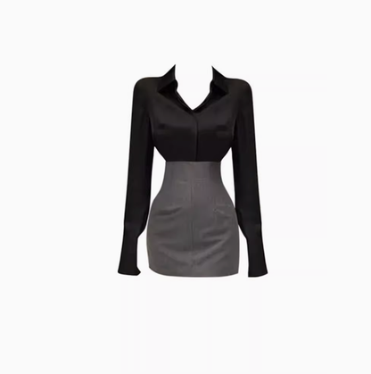 Long-sleeved shirt women 2025 pure desire vase waist fishbone hip skirt suit R1018