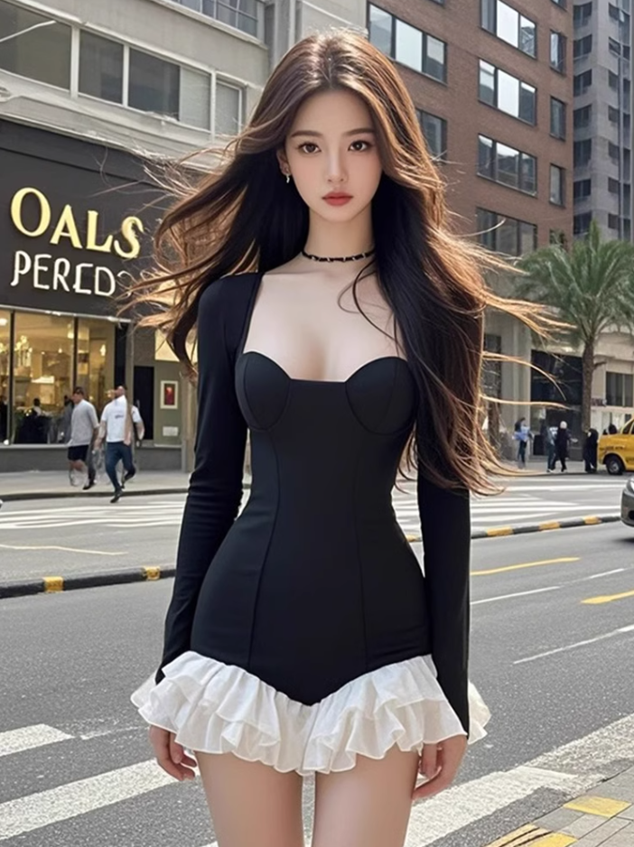 Contrast color design long sleeve dress 2025 waist slim ruffle skirt R1107