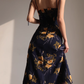 French retro orange floral suspender dress with slim waist and side slit long skirt R2815