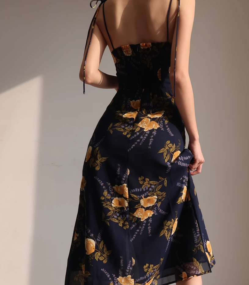 French retro orange floral suspender dress with slim waist and side slit long skirt R2815