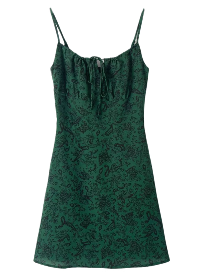 2025 Summer New Retro Sexy Floral Green A-line Short Suspender Dress R0934