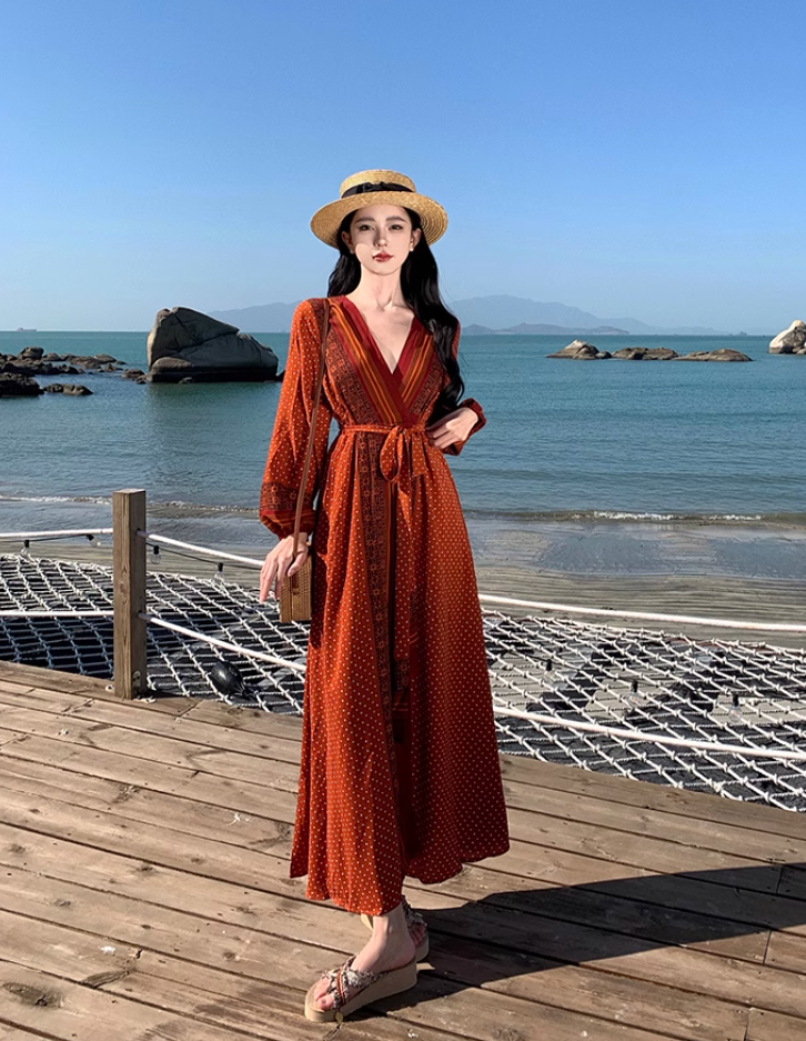 Travel wear retro ethnic style one-piece dress long sleeve seaside holiday wrap dress R1626