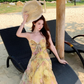 Yellow gradient floral suspender dress with gentle temperament and slim waist R0681