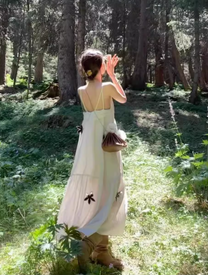 Beach dress with embroidered flowers, cotton and linen, holiday style, loose suspender dress R1610