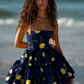 Retro Yellow Floral Tube Top Waist Puffy Skirt Homecoming Dress R3178