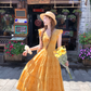Yellow long v-neck small flying sleeve waist dress summer French retro temperament lace skirt R4578