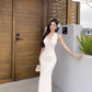 French high-end green v-neck lace halter dress temperament celebrity waist slim hip dress R0453
