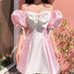 Pink and white puff sleeves one shoulder neckline bow tie waist slim short skirt homecoming dress R3656