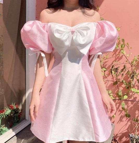 Pink and white puff sleeves one shoulder neckline bow tie waist slim short skirt homecoming dress R3656
