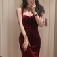 Velvet sling wine red dress retro Hong Kong style French design banquet dress R1436