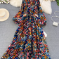 Light luxury temperament lantern long sleeve round neck waist single breasted print elegant dress R0403
