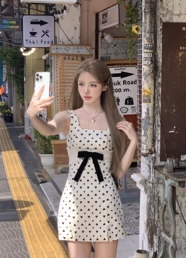 Square neck polka dot suspender dress women's summer French retro skirt R5028