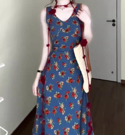 Retro V-neck floral suspender dress high-end waist temperament long skirt R0772