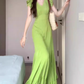 Retro green dress high-grade v-neck temperament step by step lotus fishtail skirt R0735
