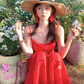 Red mid-length waist suspender dress summer retro temperament high-end skirt R4861