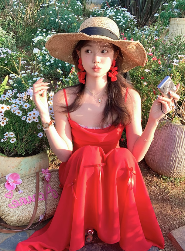 Red mid-length waist suspender dress summer retro temperament high-end skirt R4861