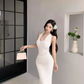 French high-end green v-neck lace halter dress temperament celebrity waist slim hip dress R0453