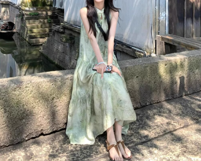 Ink painting halter neck dress seaside holiday style retro cool temperament skirt R0765