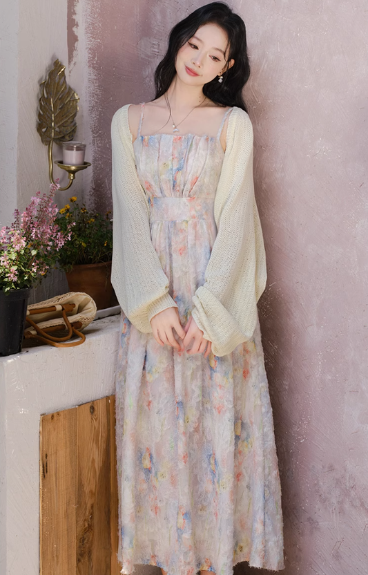 Summer small skirt French gentle style floral suspender dress plus cardigan two-piece set R2406
