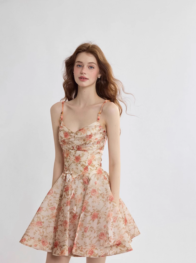 French suspender skirt floral dress high-end wear short skirt summer skirt R2767