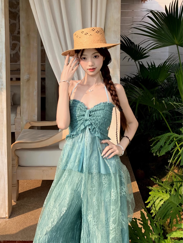 Fairy outfit: a halter neck tube top with small slings, mint green wide-leg pants, two-piece suit R1761