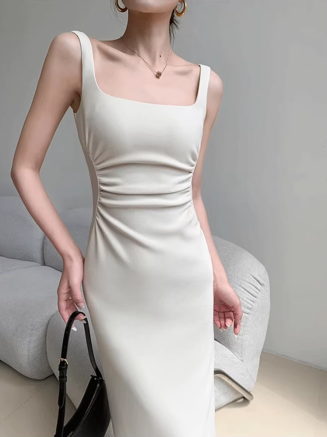 Square neck camisole dress 2025 temperament waist hip slit high-end long skirt R1452