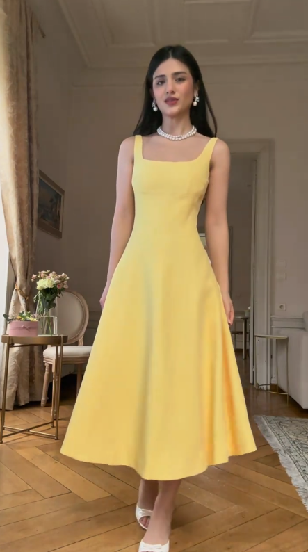 Yellow suspender slim long A-line dress homecoming dress R2480