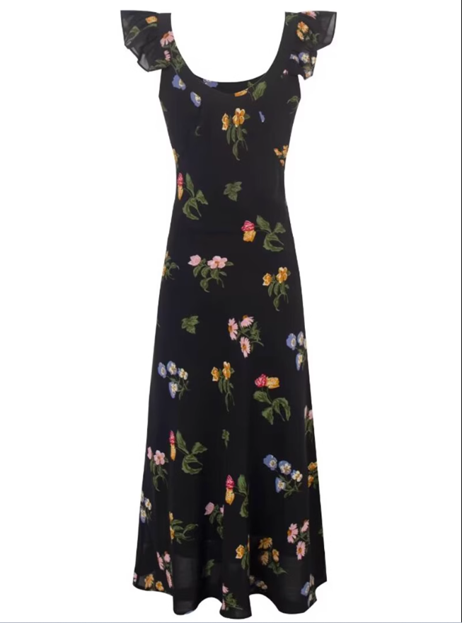 2025 summer new black floral waist slimming small flying sleeves holiday dress R0953