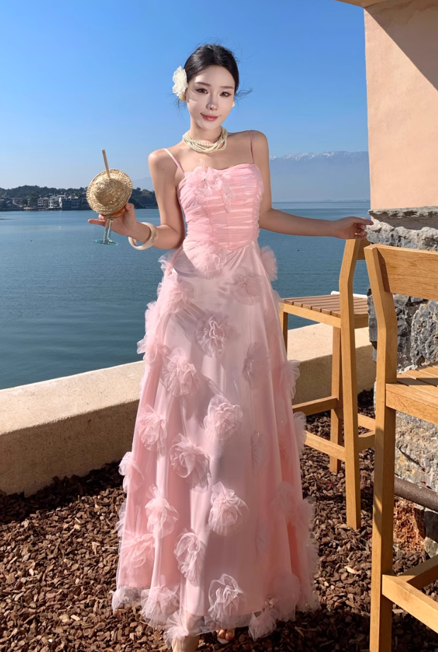 Pink flower suspender dress gentle temperament beautiful dress R0800