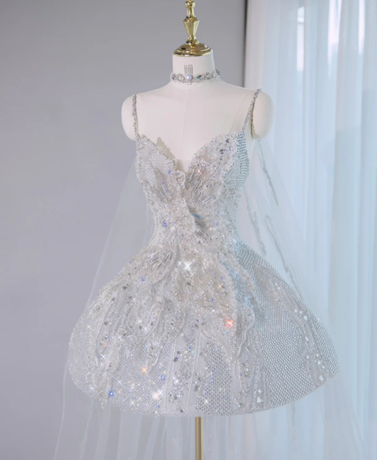 Silver strap diamond-studded high-end neckline waist puffy skirt short skirt homecoming dress R4159