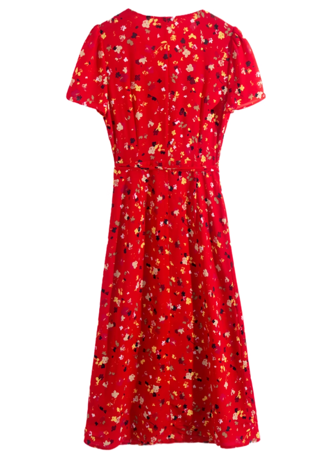 2025 Summer New Red Floral V-neck Wrap One-piece Tea Break Short Sleeve Dress R0948