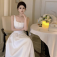 French suspender dress, gentle temperament, waist-length satin square collar, white dress R1524