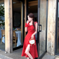 Red holiday floral dress for women petite summer long skirt with small flying sleeves R3866