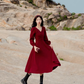Red dress Hepburn style French retro v-neck petite long-sleeved red dress R1752