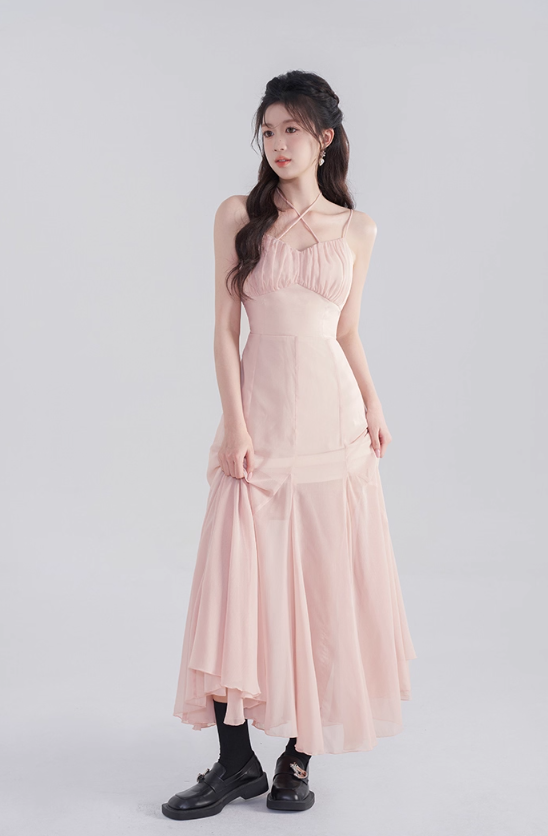 Gentle suspender chiffon dress women's summer new high waist medium length fishtail skirt R4460