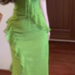 Green floral suspender dress with ruffles and gentle waist and hip skirt R0621