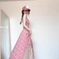 Tea break French pink suspender floral dress seaside vacation unique waist temperament long dress R0422