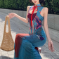 Retro contrast color hollow dress sexy temperament waist slim hip skirt R0658