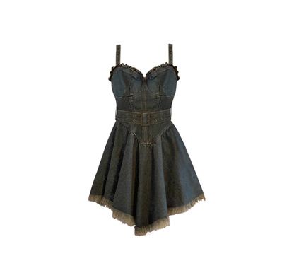 Hot girl denim suspender dress 2025 new Hong Kong style retro irregular tassel short skirt R0163