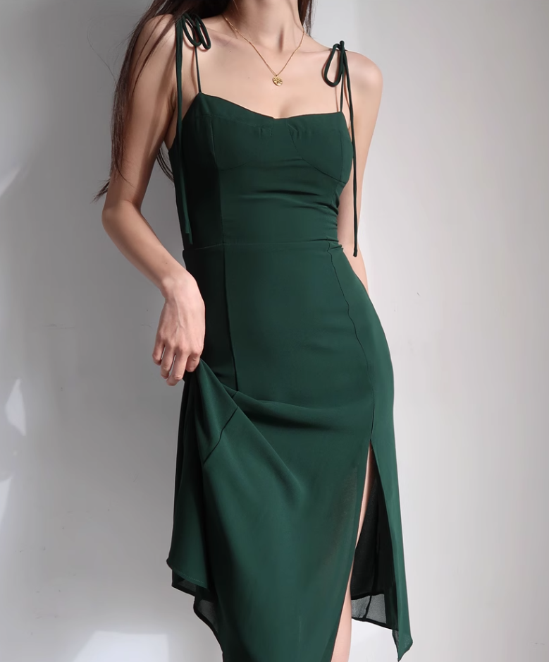 French style dark green high waisted camisole dress, retro waist cinched side slit dress R2865