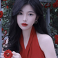 Retro halter neck dress sexy wine red temperament slim high-end dress R1486