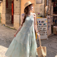 Green long sleeveless suspender dress women's summer French temperament A-line skirt R4865