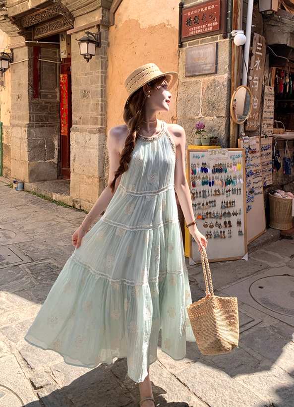 Green long sleeveless suspender dress women's summer French temperament A-line skirt R4865