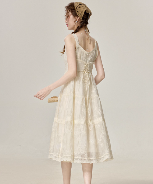 New summer French style high-grade apricot suspender dress super fairy skirt R1903